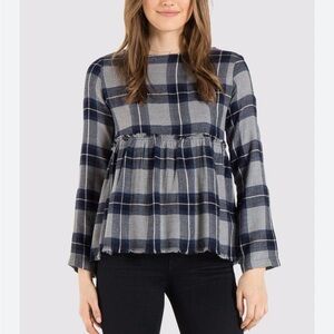 Cloth & Stone Anthropologie Blue/Gray Plaid Ruffle Long-sleeve